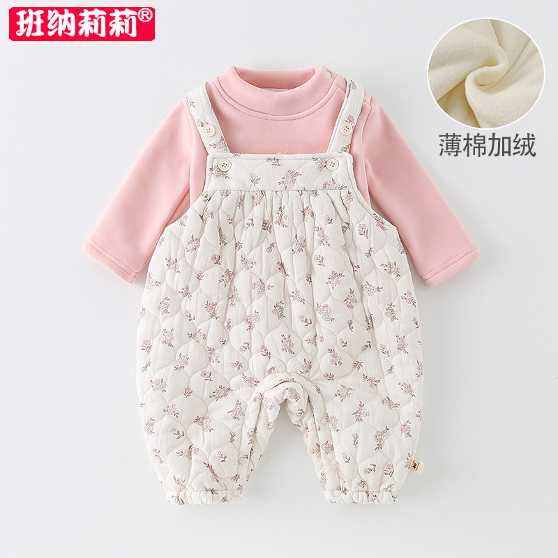 女宝宝秋冬夹棉背带裤连体衣