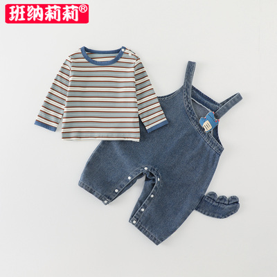 宝宝秋装套装0一2岁婴儿衣服秋季长袖T恤牛仔背带裤连体衣两件套1