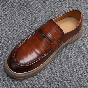 真皮休闲皮鞋男款一脚蹬厚底乐福鞋头层牛皮软底百搭轻便棕色男鞋