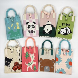韩版 学生卡通熊猫针织手机包女春秋百搭零钱手提包斜挎手拎小包潮