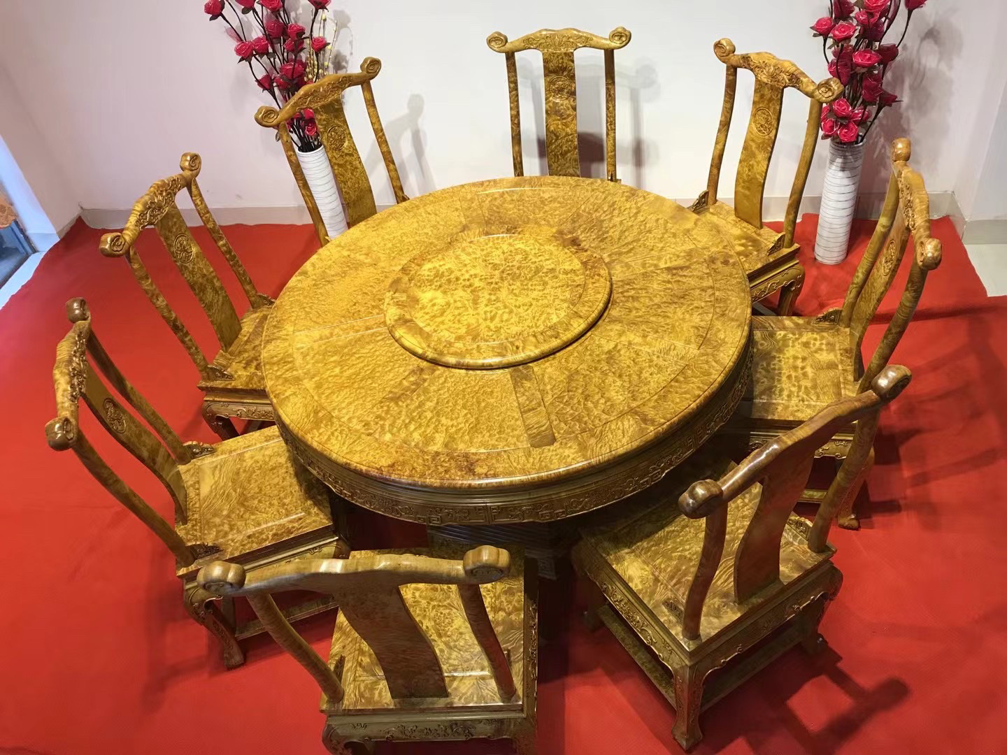 黄金樟圆餐桌缅甸国木实木满瘤疤大圆桌仿古中式家具餐厅饭桌组合