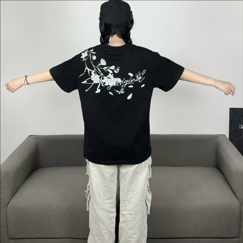 WASSUP国潮花卉刺绣T恤女2025新款小众设计感宽松短袖纯棉上衣夏