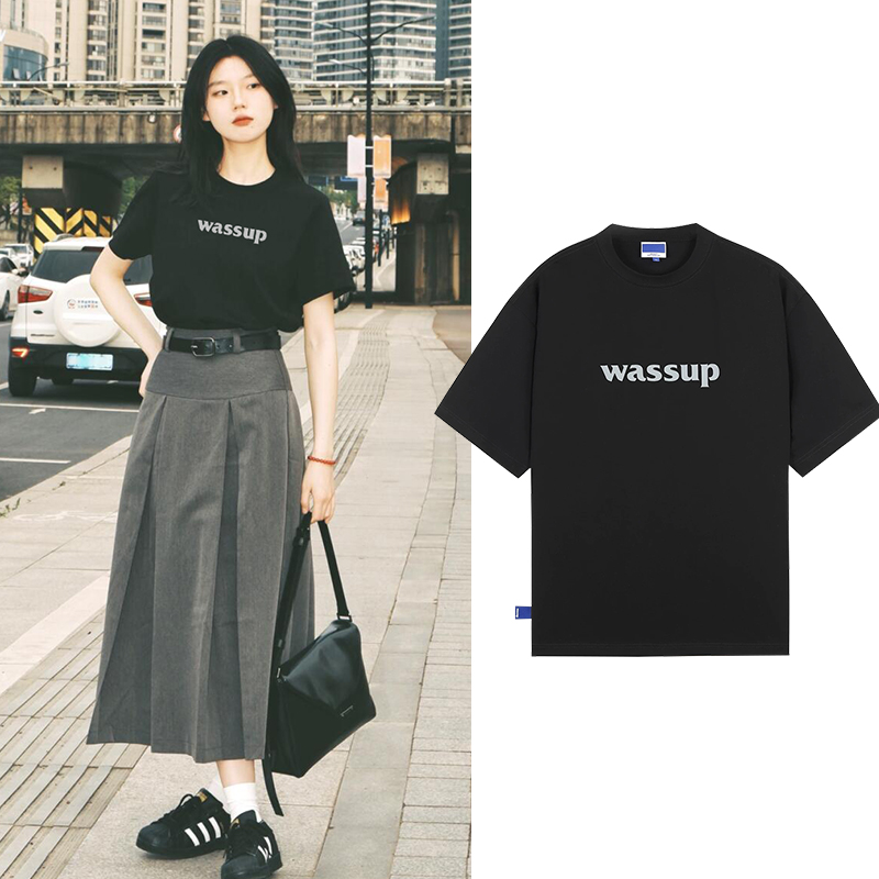 WASSUP潮牌短袖T恤女2025新款夏季重磅纯棉休闲黑色简约情侣上衣