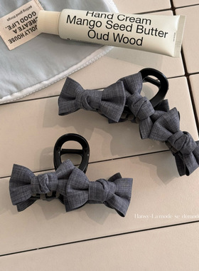 韩系百搭西藏面料灰色系蝴蝶结抓夹通勤风半扎盘发鲨鱼夹发卡发饰