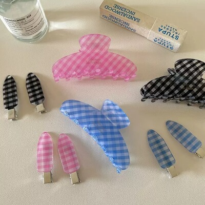 韩版经典复古格子发抓新款简约法式后脑勺盘发鲨鱼夹头饰发夹发饰