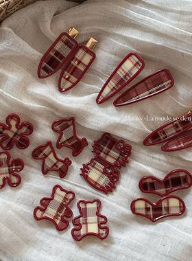 新年红色格纹发夹简约百搭碎发夹小众刘海夹鸭嘴夹发卡边夹头饰