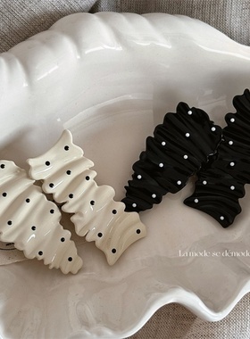 褶皱金属风黑色奶白波点发夹碎发侧边刘海加鸭嘴夹质感头饰发饰