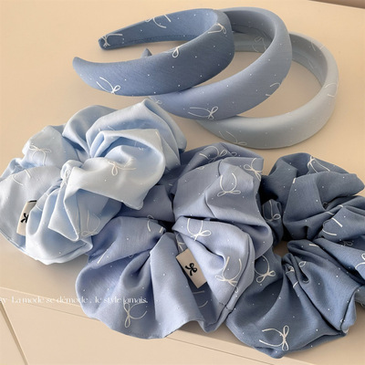 渐变蓝色布圈发饰韩版设计感蝴蝶结大号大肠圈女简约百搭皮筋头饰