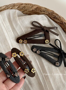 韩系复古高级灰色椭圆水钻花朵掰掰夹BB夹气质闪钻侧边夹刘海夹子