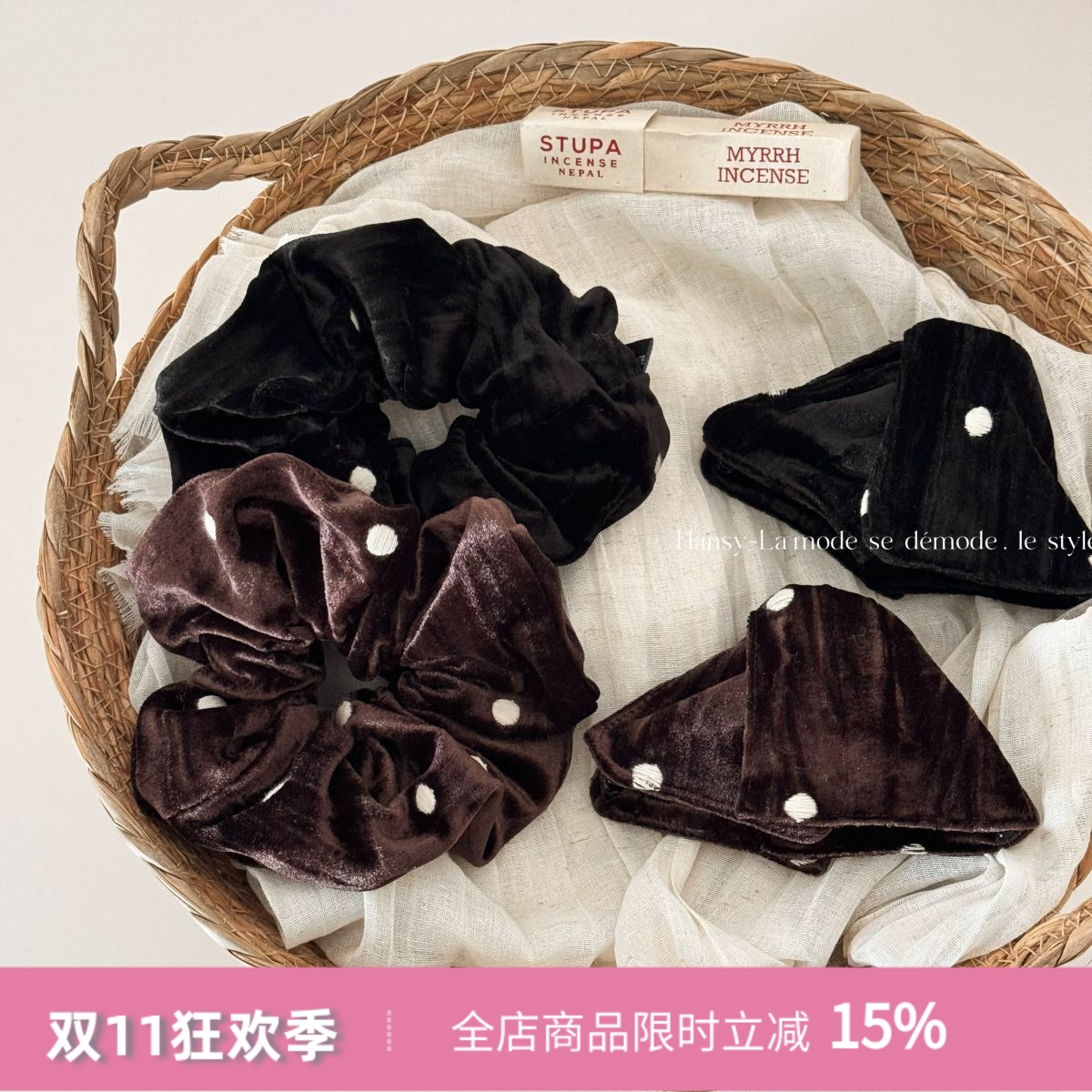 秋冬丝绒波点三角发夹蝴蝶结抓夹高级感后脑勺盘发鲨鱼夹大号卡子