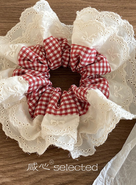 法式重工红色格子双层花边蝴蝶结大号发圈时尚气质氛围感新款发饰