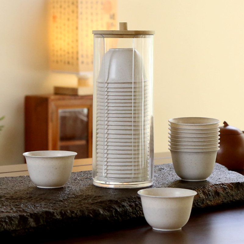 耐高温一次性功夫茶杯带收纳杯架家用办公室招待品茗稻壳喝茶杯子