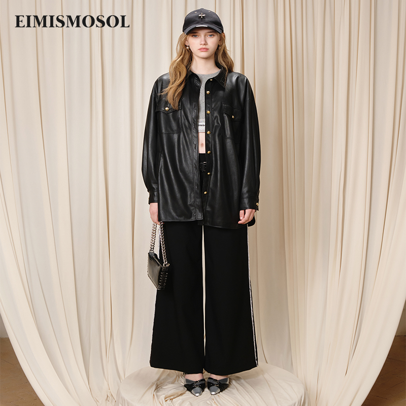 EIMISMOSOL2025春季新款黑色皮衣外套女长袖宽松中长款衬衫式夹克