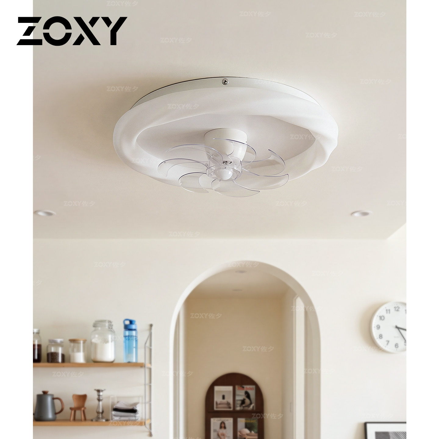 zoxy 法式奶油餐厅吸顶风扇灯360度旋转摇头儿童房隐形风扇吸顶灯