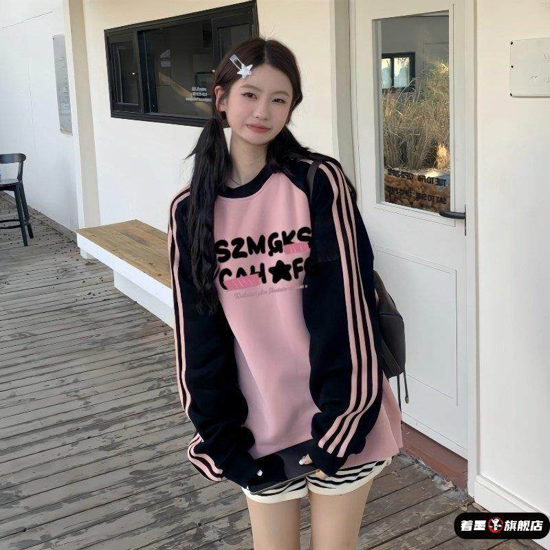 美式三条杠插肩袖卫衣女大童初中生秋冬加绒2025爆款高中圆领上衣