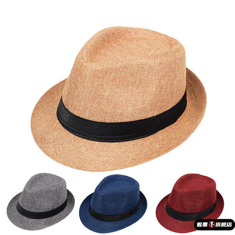 男女爵士帽英伦风亚麻纯色礼帽中老年卷边情侣款遮阳透气网帽