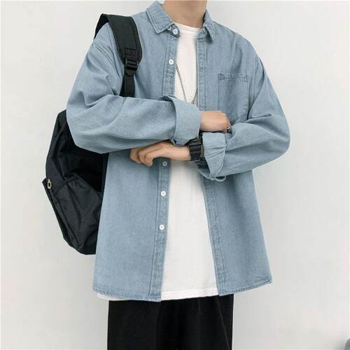 青少年翻领牛仔衬衫长袖春秋秋季