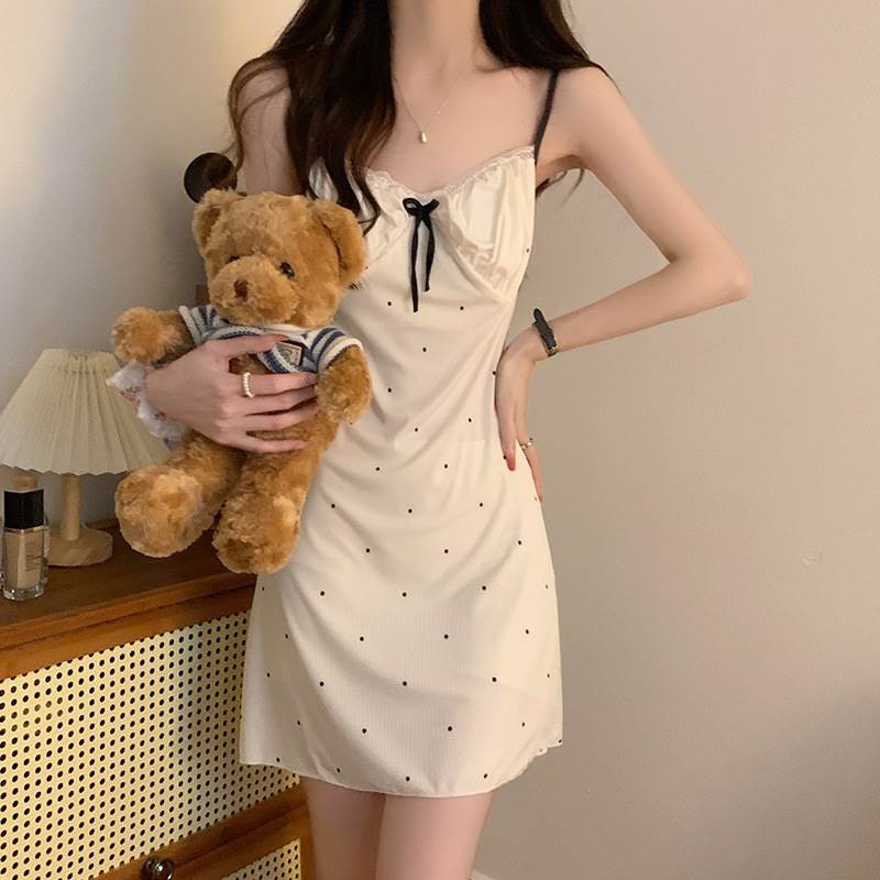 吊带睡裙女夏季女士小性感甜美法式花边短裙带胸垫夏天波点薄睡衣