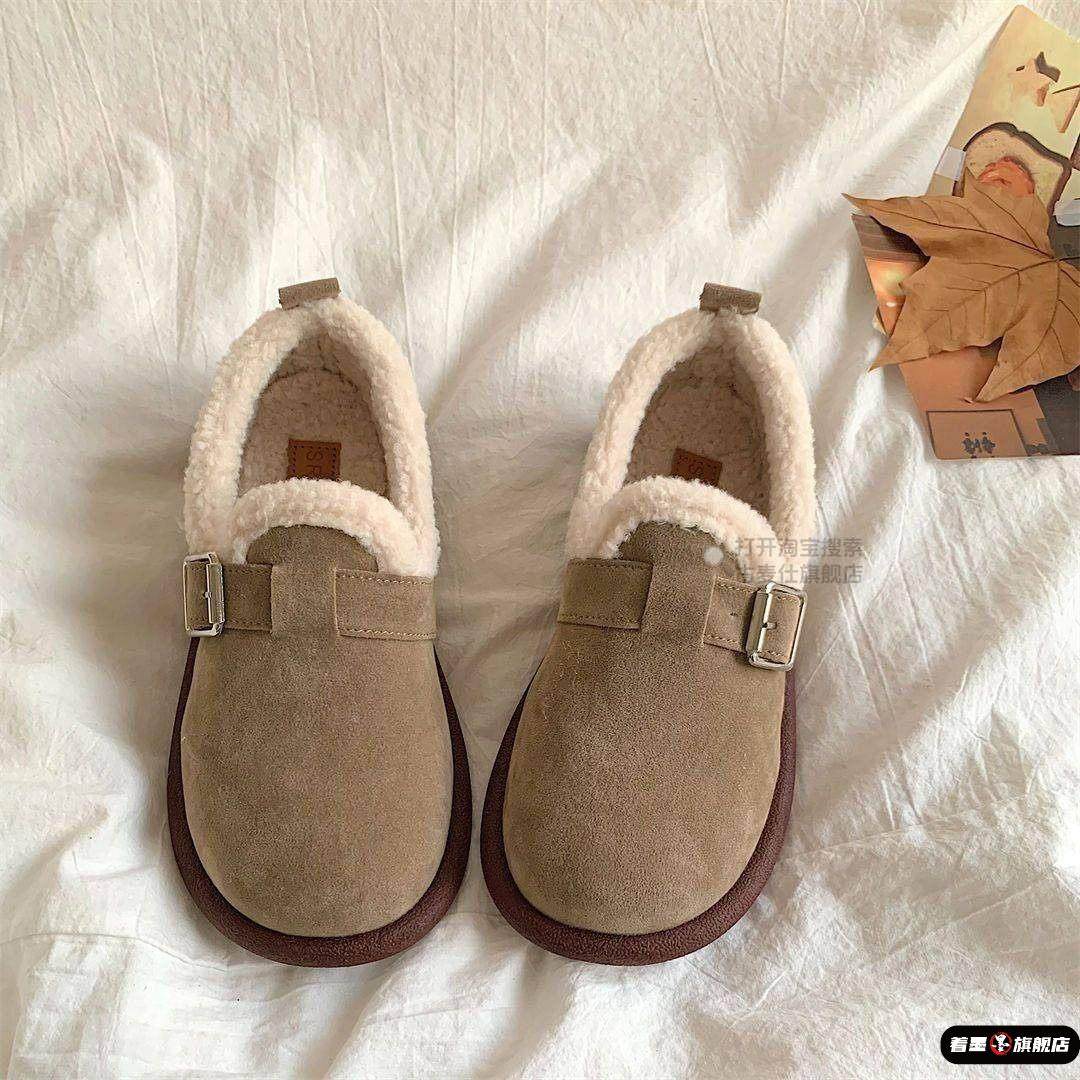 秋冬季款豆豆鞋女加绒乐福鞋外穿平底覆古软底勃肯大头一脚蹬棉鞋,女鞋,时尚雪地靴,淘宝优惠券,粉丝福利购,淘宝优惠卷