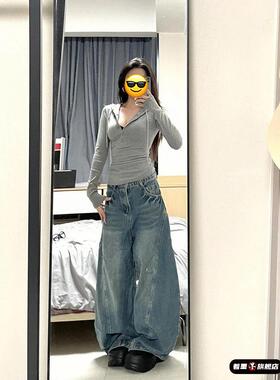 灰色连帽正肩长袖t恤女秋季半开领纽扣辣妹紧修身收腰显身材上衣