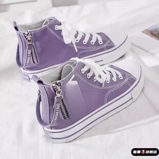 春季帆布鞋女款高帮拉链高帮女新款百搭小众小白板鞋子ins休闲鞋