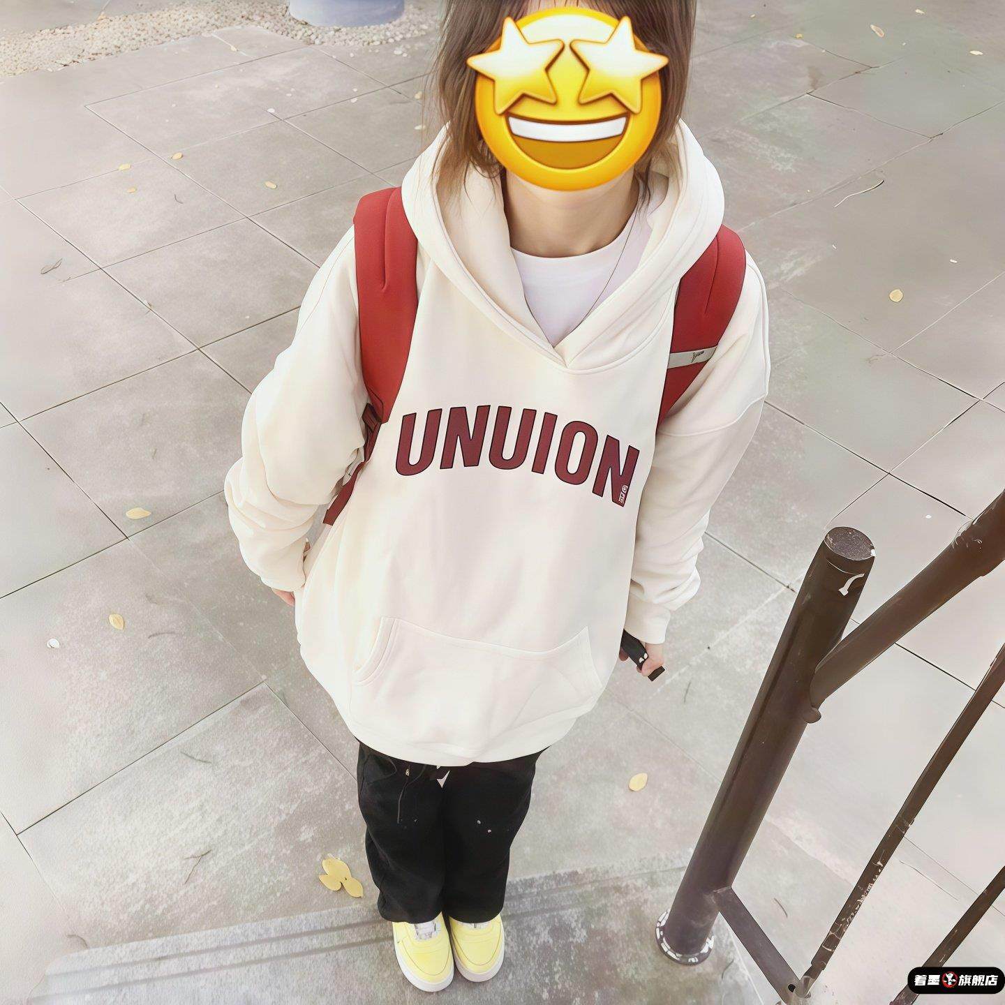 白色重磅纯棉美式高街连帽卫衣女秋冬季加绒加厚慵懒风初中生外套