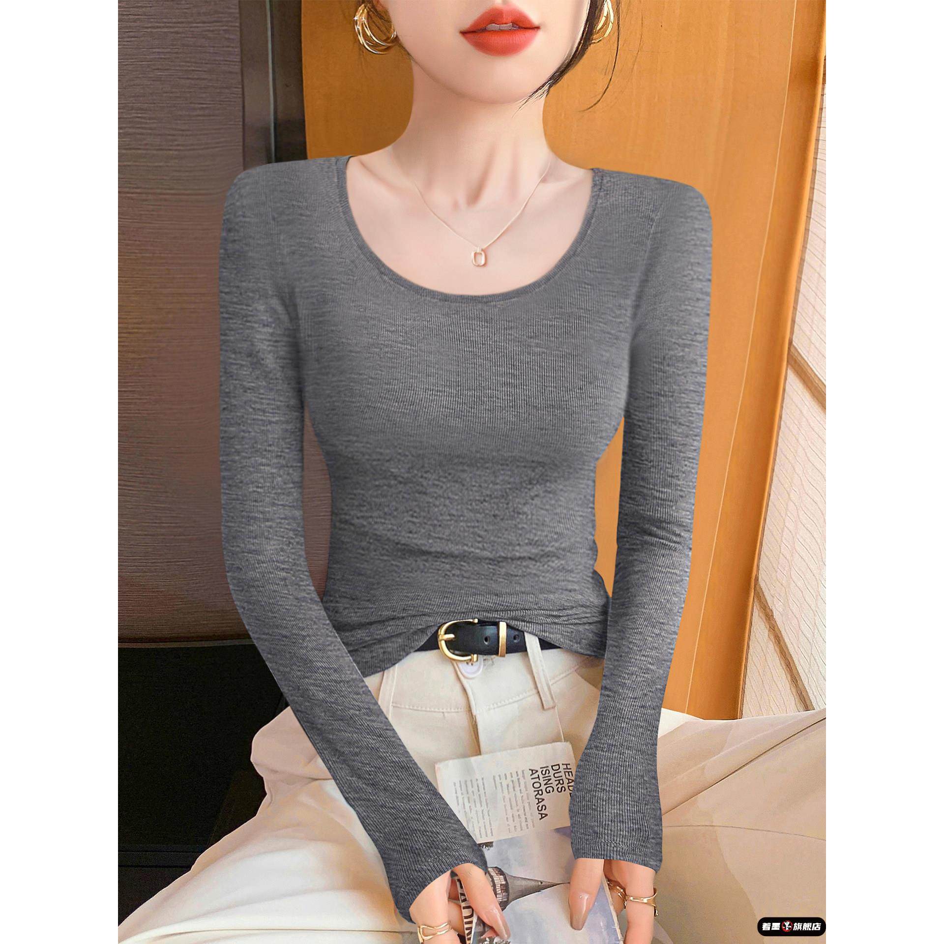 圆领打底衫女2025新款春秋冬季洋气内搭灰色修身长袖螺纹针织上衣
