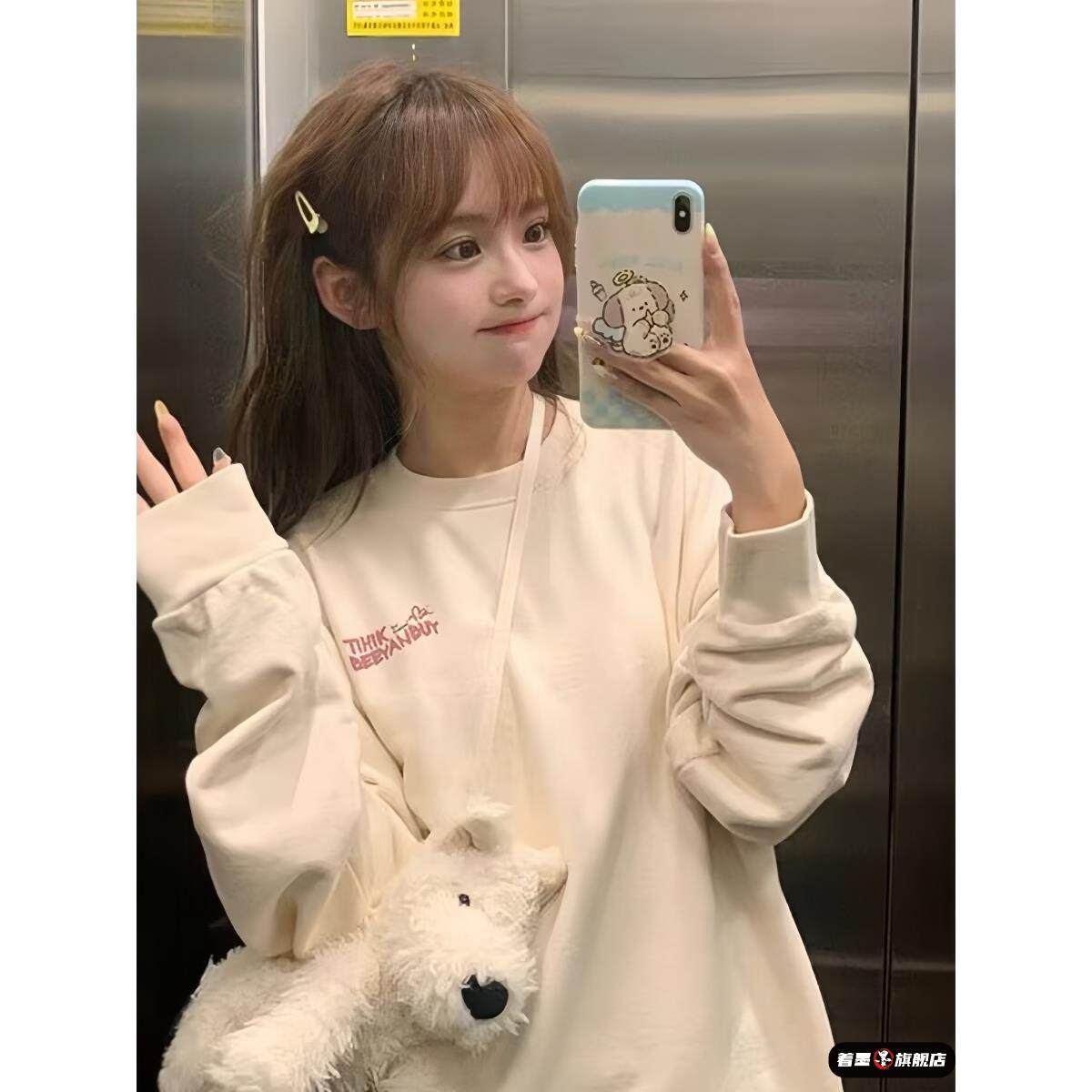 少女纯棉圆领卫衣女大童春秋2025新款初中高中学生宽松无帽上衣服