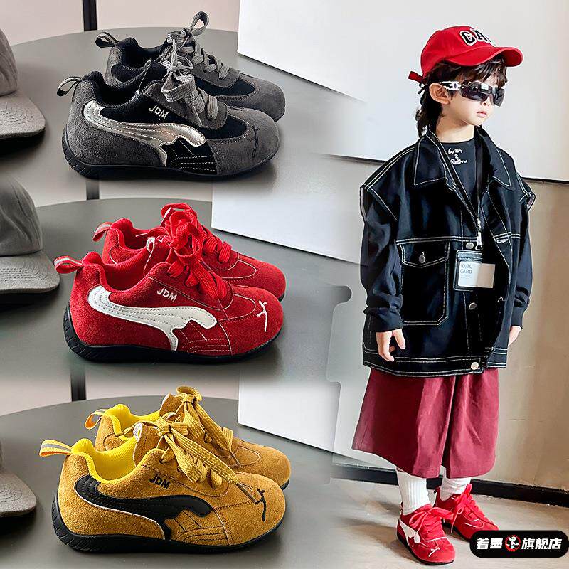 男童透气防滑平底板鞋女童鞋儿童运动鞋低帮软底红色中大童德训鞋