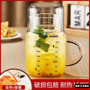 耐高温家用玻璃杯800ml大容量带盖杯子喝水杯玻璃带把刻度杯泡茶