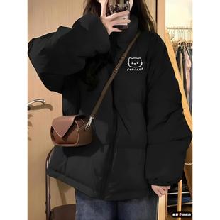 黑色羽绒棉服棉衣宽松加厚冬装女大童2025棉袄子初中高中学生外套