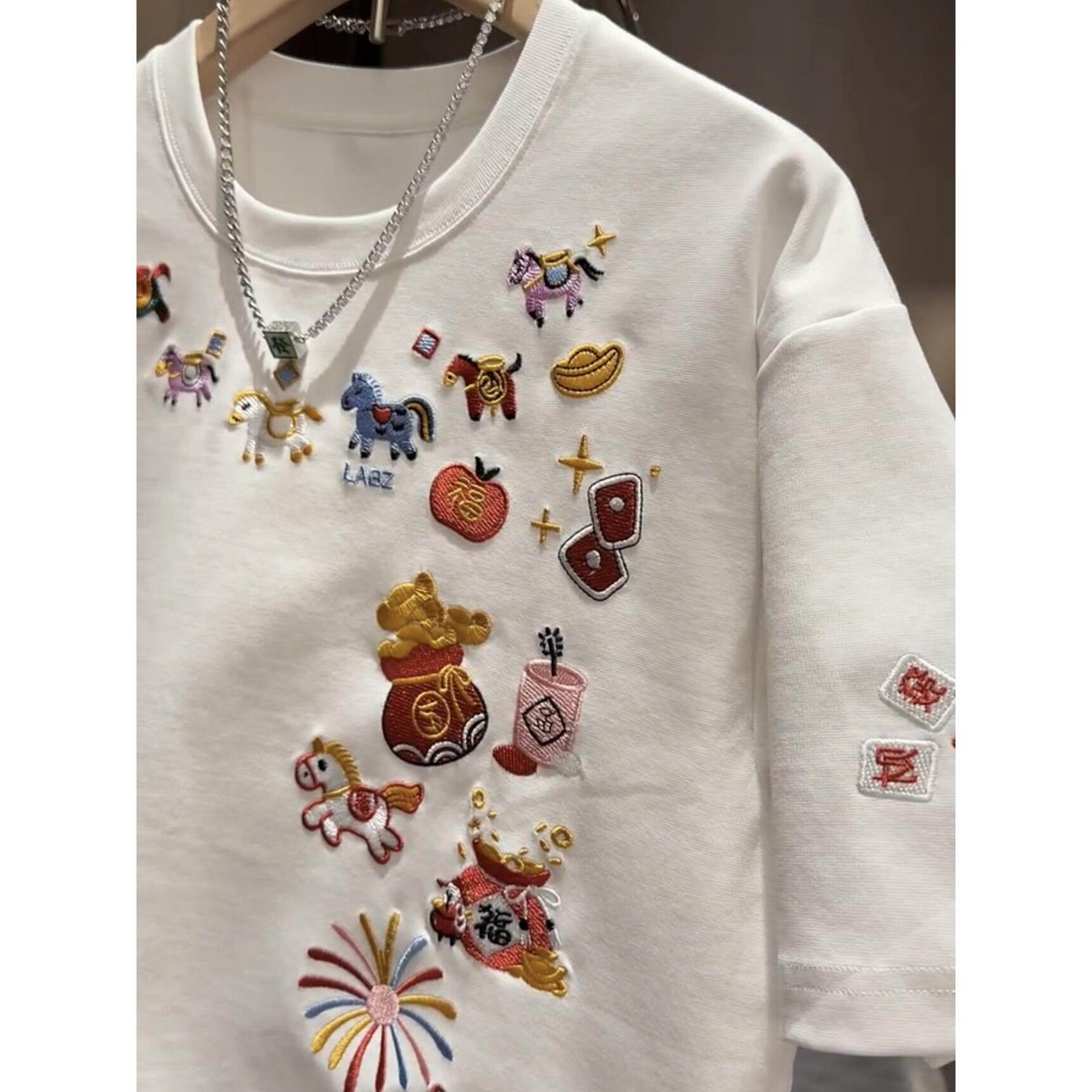 美式重工小马刺绣t恤男2026新款情侣短袖网红同款上衣轻奢重磅T恤