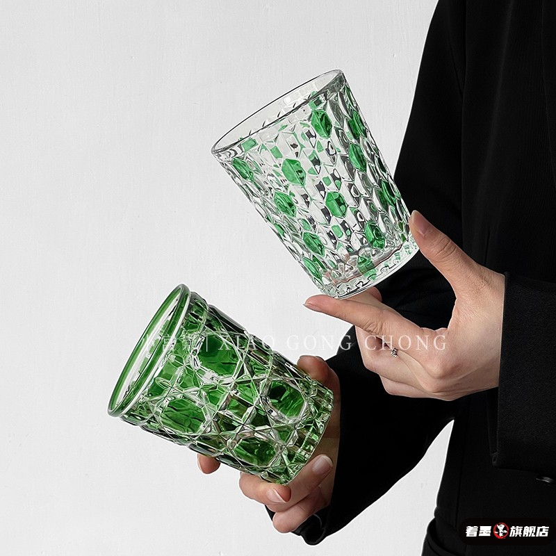 威士忌洋酒杯玻璃杯复古菱格绿宝石高颜值轻