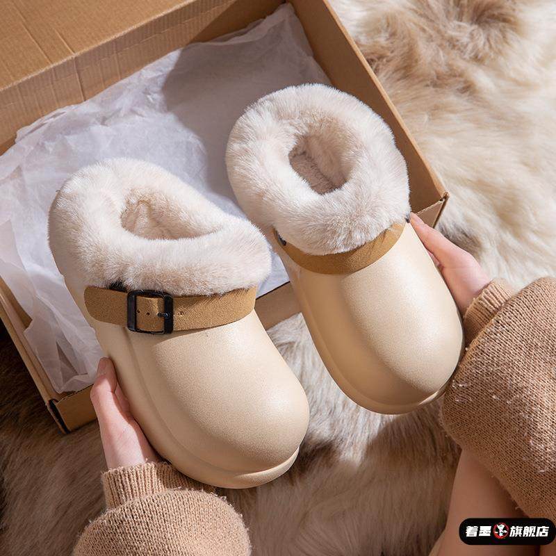 防水棉鞋女秋冬新款加绒保暖洞洞鞋防滑百搭厚底毛毛绒棉拖鞋半拖,女鞋,棉鞋,淘宝优惠券,粉丝福利购,淘宝优惠卷