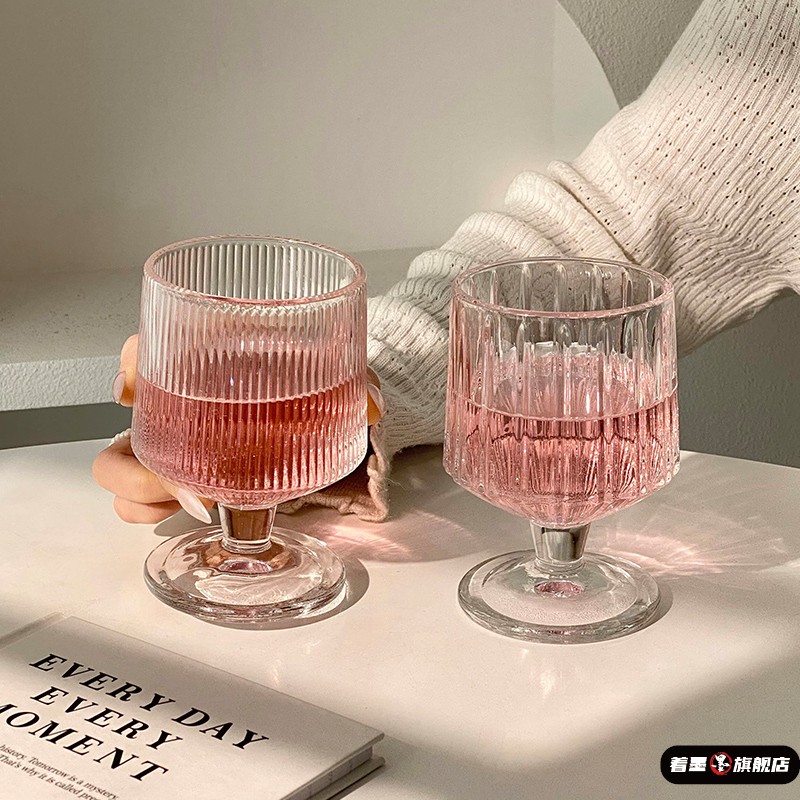 竖条纹矮款脚杯子ins高颜值家用玻璃杯饮料