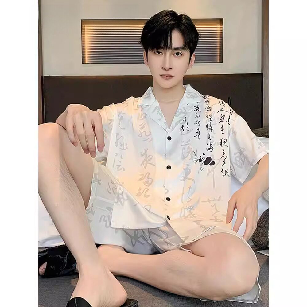 男士大码宽松家居服可外穿2026新款冰丝睡衣夏季薄款短袖短裤套装