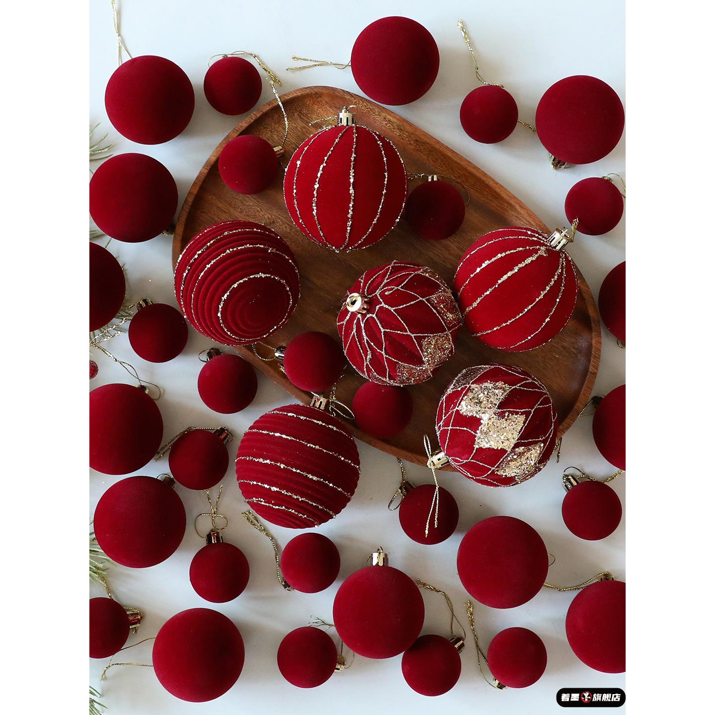 圣诞树布置装饰球圣诞节品酒红色植绒圣诞挂