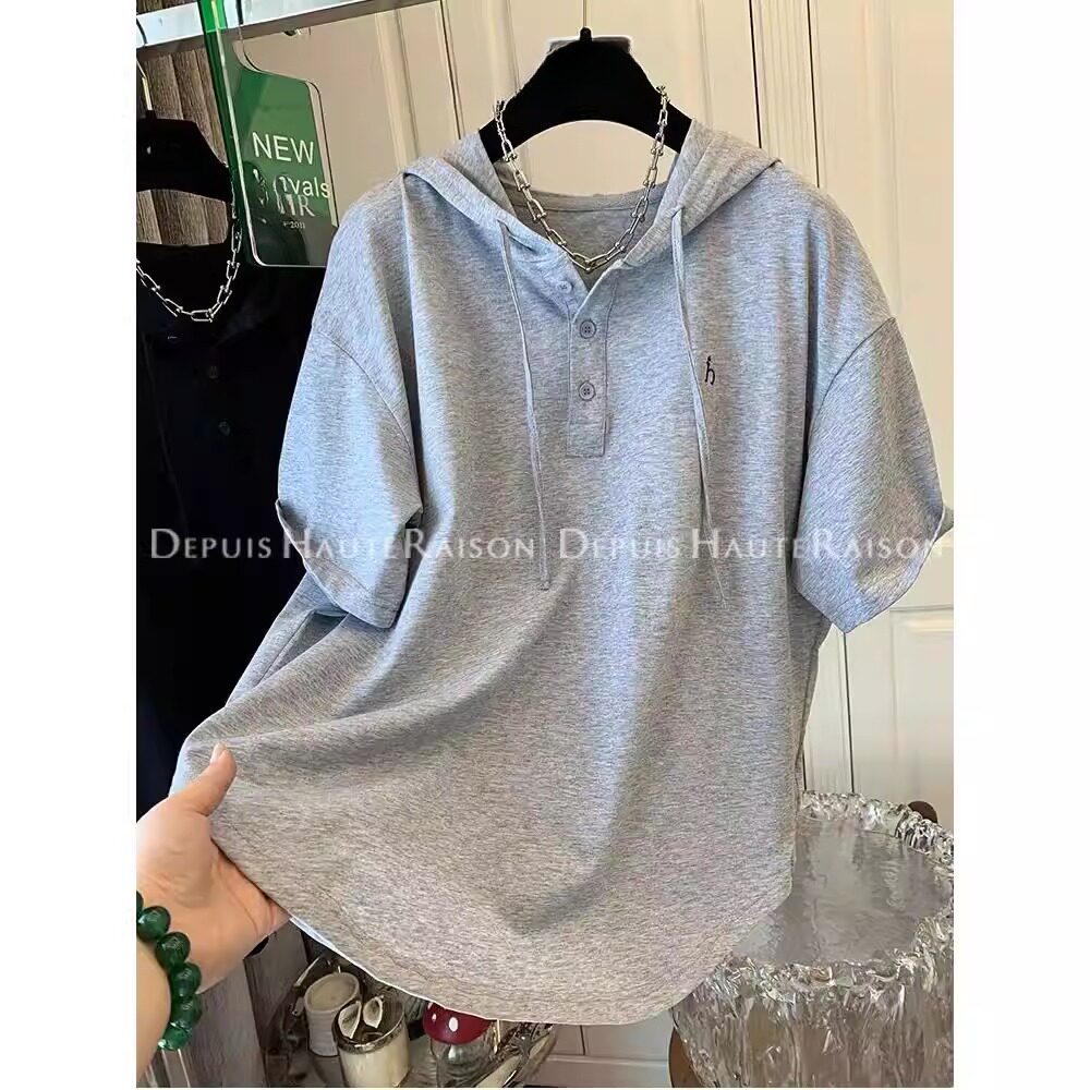 大码孕妇宽松运动上衣老钱风连帽短袖t恤女字母刺绣夏季显瘦帽衫