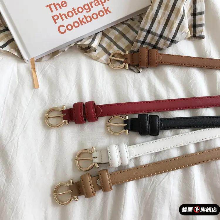 韩国新款小腰带黑白红棕卡其多色可选皮带金色扣软牛仔裤带女士潮