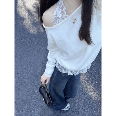 纯欲风斜肩针织衫毛衣女秋冬白色内搭2026新款挂脖蕾丝打底衫上衣
