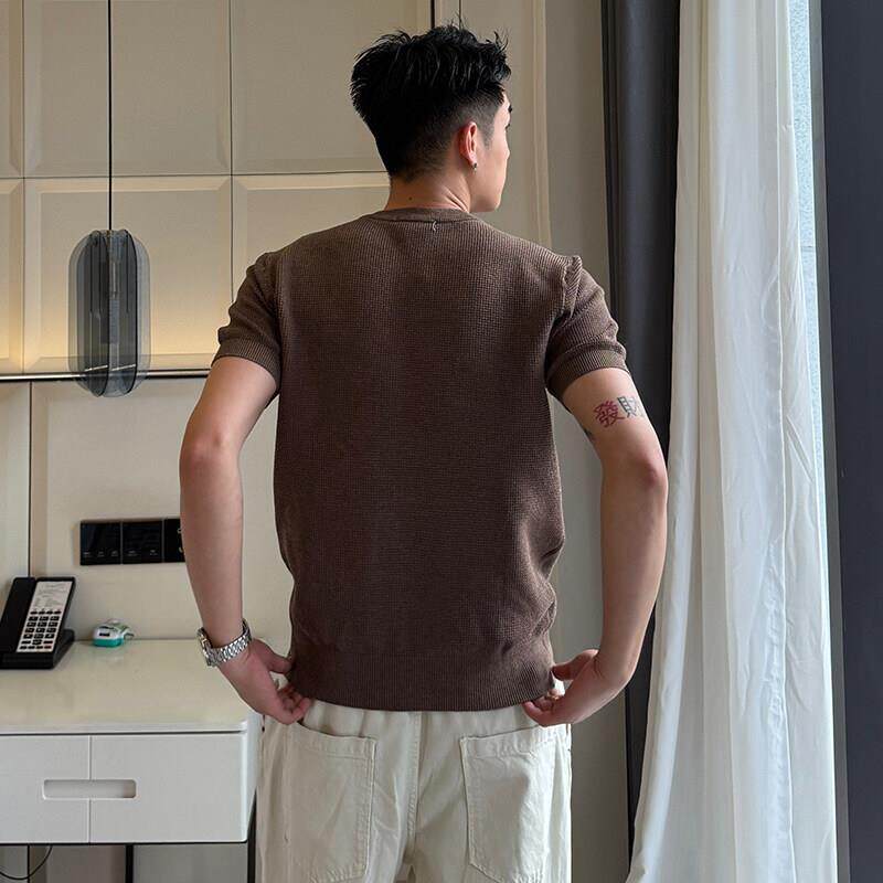 男士正肩纯色针织短袖轻熟风夏季小V领POLO衫单纽扣修身显瘦休闲