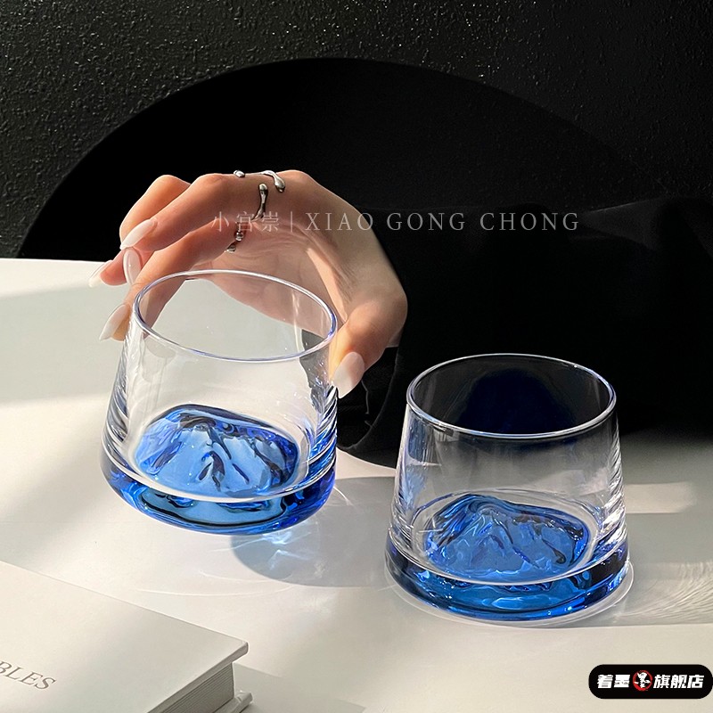 威士忌洋酒杯玻璃杯ins风深蓝山脉富士山杯