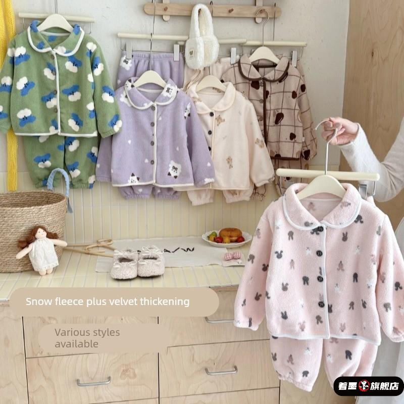 冬季睡衣女款儿童保暖套装加绒加厚男童女童