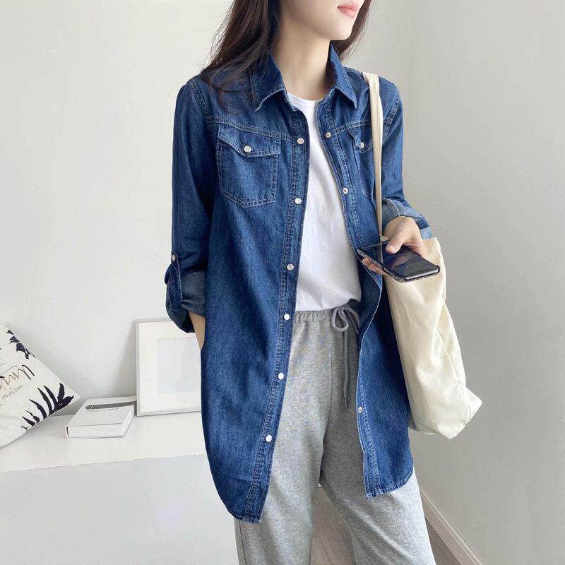 孕妇中长款宽松牛仔衬衫装洋气长袖开春秋季新早T恤外出上衣外套