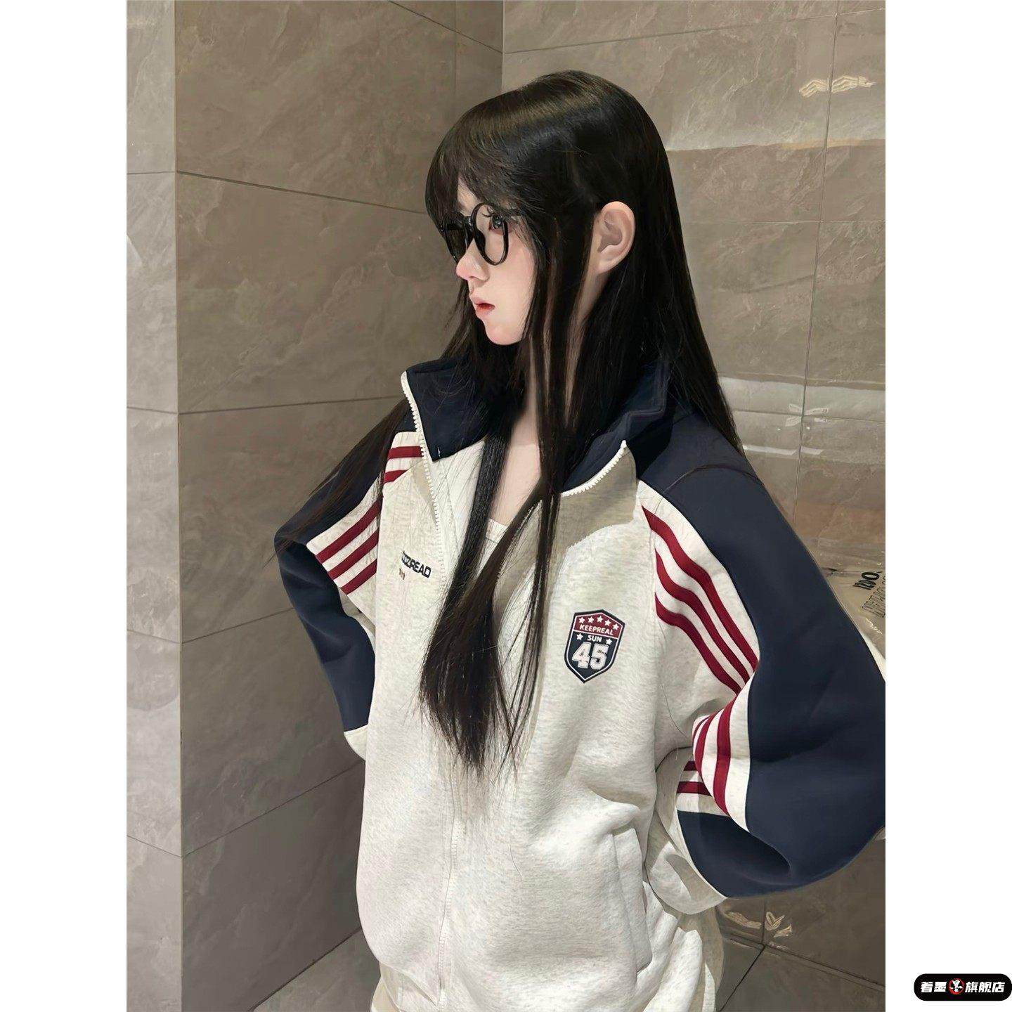 美式复古条纹立领卫衣外套女大童春秋初中高中学生开衫夹克棒球服
