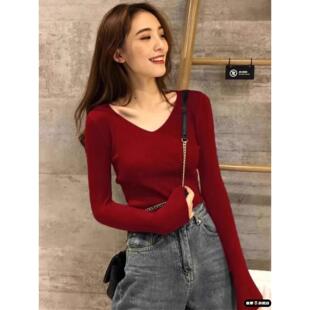 春节喜庆红色打底女款秋冬年2026款V领衫女修身内独特超好看毛衣