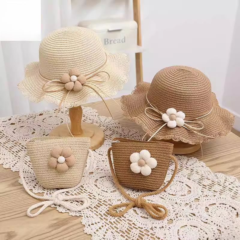 儿童防晒帽草帽女童女宝亲子母女大檐遮阳帽草编透气女孩海边度假