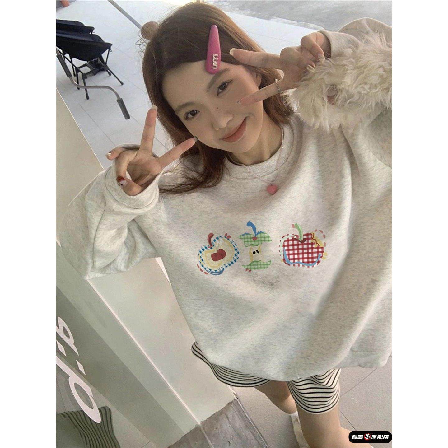 美式灰色无帽卫衣女2025春秋新款初中高中学生宽松慵懒加绒上衣服