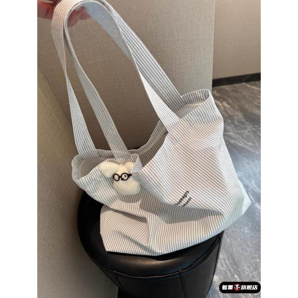 2025新款休闲条纹慵懒简约大容量通勤帆布包布袋百搭单肩托特Q,箱包皮具/热销女包/男包,通用款女包,淘宝优惠券,粉丝福利购,淘宝优惠卷