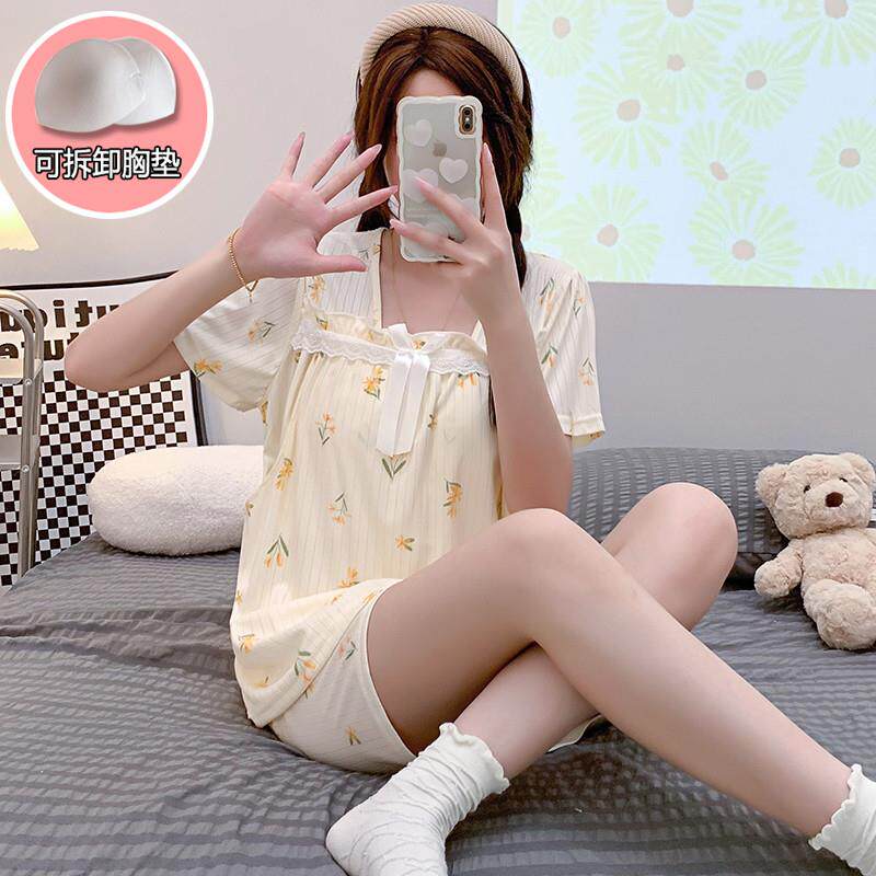 小个子孕妇睡衣带胸垫外穿新款女夏季薄款短袖两件套装高级感花边